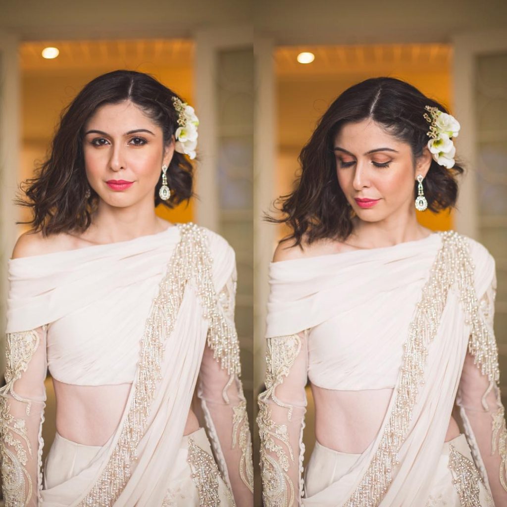 5 Real Indian Brides Who Wore Gaurav Gupta For Their Millennial Wedding, Sherry Shroff Vaibhav Talwar wedding bridal makeup with short hair and white gown