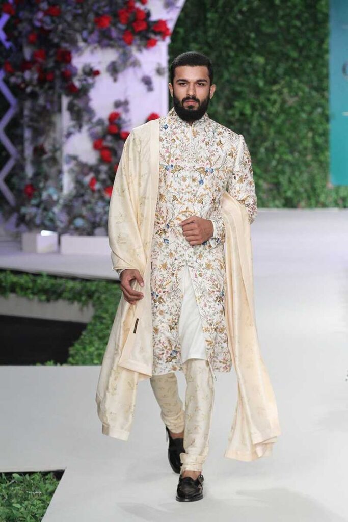 Ivory sherwani with all over floral work